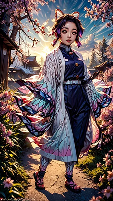 Shinobu kocho from demon slayer, wearing jacket, standing cherry blossom garden, full body capture, gorgeous meaningful 