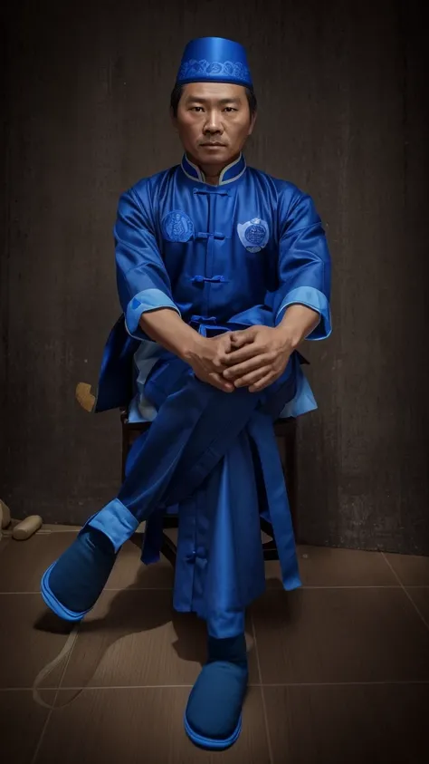 there is a man sitting on a chair wearing a blue uniform, a colorized photo inspired by Liao Chi-chun, cg society contest winner, realism, in the style of sifu 🔥 😎 🕹️ 👀 :2, traditional tai costume, realism artstyle, wearing authentic attire, changquan, wit...