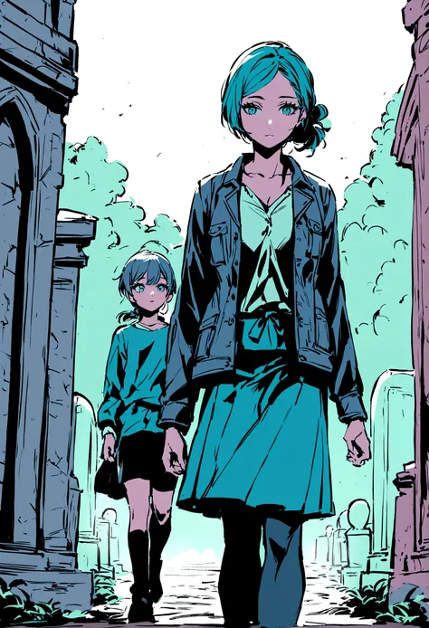 A woman with Latin features with her hair tied up next to her 25-year-old daughter with short hair and the two are walking in a cemetery.