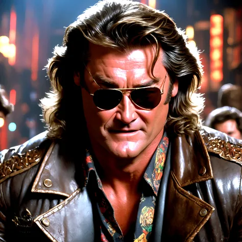 (a man (Kurt Russell 1986) in a leather jacket with sunglasses, angry facial expression (Big Trouble in Little China movies Jack Burton)), gesturing angrily arguing with (Steven Seagal as DC comics Batman), underground lair with high-tech equipment, dark m...