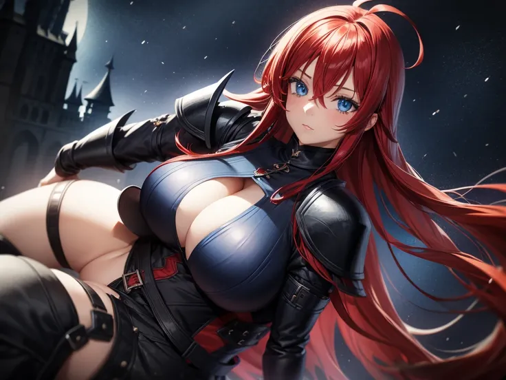 Girl, blue eyes, long hair, red hair, ahoge, huge breasts, wearing a black armor, huge gothic castle background