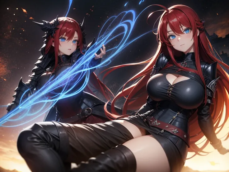 Girl, blue eyes, long hair, red hair, ahoge, huge breasts, wearing a black armor, huge gothic castle background