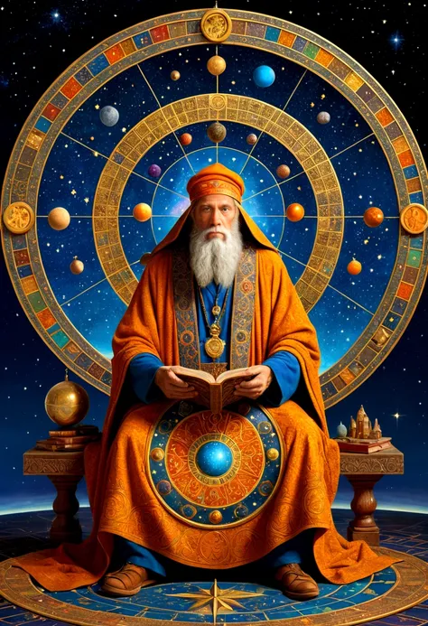 mysterious Astrologer, by James C. Christensen, full body, cinematic still, cinemascope, best quality, masterpiece, very aesthetic, perfect composition, intricate details, ultra-detailed, vivid colors