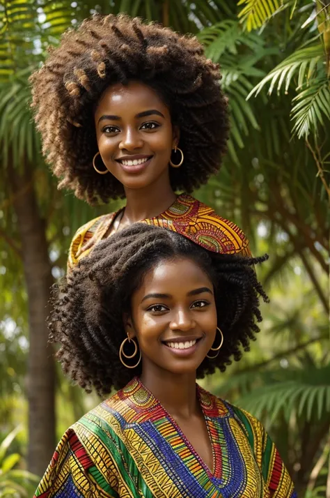 A beautiful African woman with dark skin tone and voluminous curly hair, wearing a colorful traditional dress with African patterns. He is smiling and posing in a natural environment with a background of green trees and exotic flowers. The sunlight softly ...