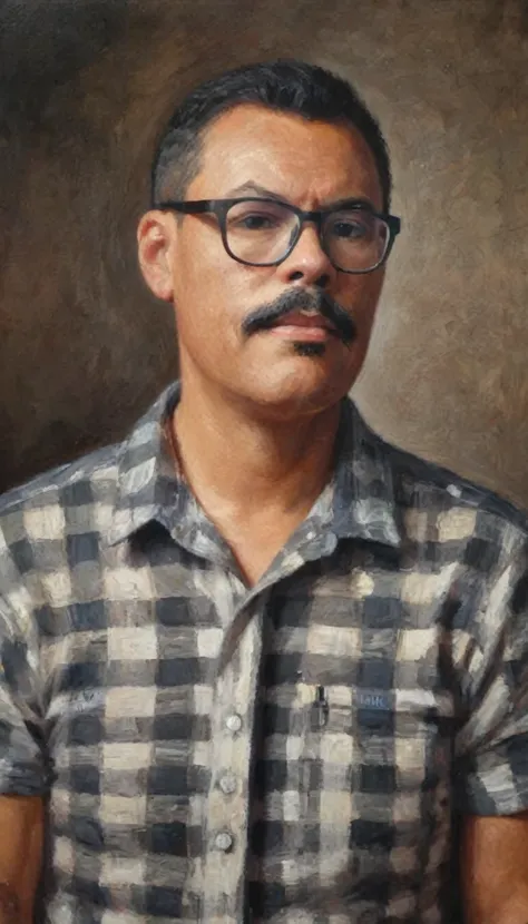 half-body portrait of a man with glasses and a mustache, short hair with a fade on the sides, wearing a checkered shirt. the por...