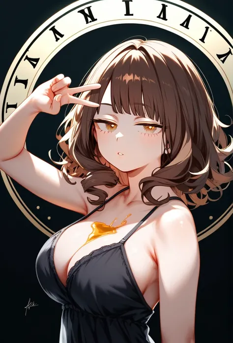 masterpiece, Score_9, Score_8_up, Score_7_up, rear view, 1 woman, alone, brown hair, long curly hair, split bangs, honey eyes, half-closed eyes, parted lips, expressionless, pale skin, large breasts, upper body, Black nightdress with V-neckline, black back...