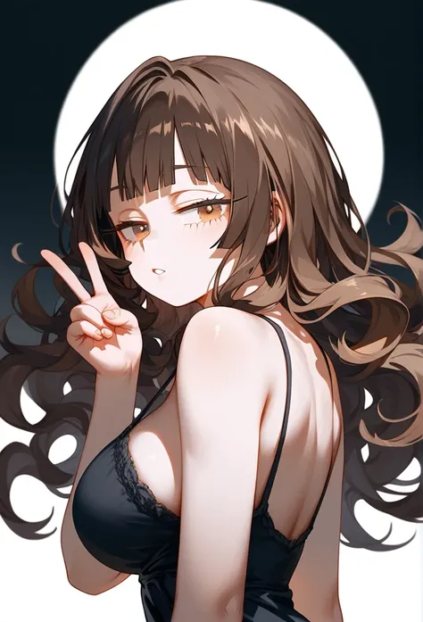 masterpiece, Score_9, Score_8_up, Score_7_up, rear view, 1 woman, alone, brown hair, long curly hair, split bangs, honey eyes, half-closed eyes, parted lips, expressionless, pale skin, large breasts, upper body, Black nightdress with V-neckline, black back...