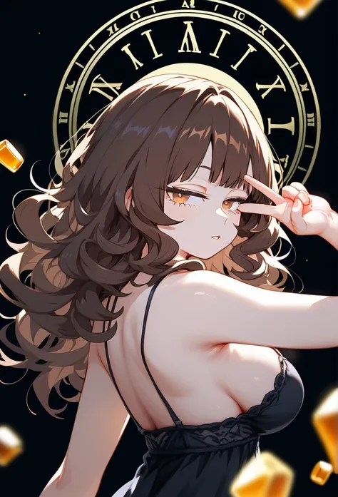 masterpiece, Score_9, Score_8_up, Score_7_up, rear view, 1 woman, alone, brown hair, long curly hair, split bangs, honey eyes, half-closed eyes, parted lips, expressionless, pale skin, large breasts, upper body, Black nightdress with V-neckline, black back...