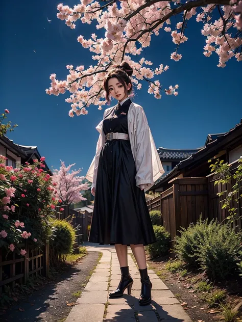 Shinobu kocho from demon slayer, wearing black jacket, standing cherry blossom garden, full body capture, gorgeous meaningful , night time, galaxy sky, high quality picture 