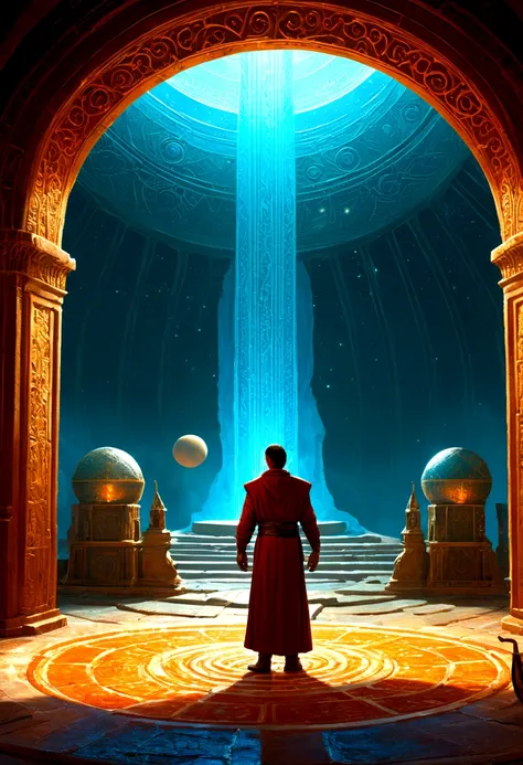 mysterious Astrologer, by Marc Simonetti, full body, cinematic still, cinemascope, best quality, masterpiece, very aesthetic, perfect composition, intricate details, ultra-detailed, vivid colors