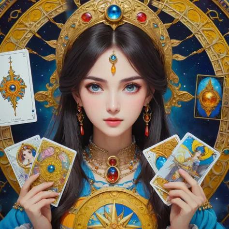 (masterpiece, best quaility, high detail, beautiful and delicated eyes and face, vivid colors:1.3), Una astrologa leyendo la fortuna con cartas del tarot, anime screencap, pov, el fondo es el interior de una tienda gitana