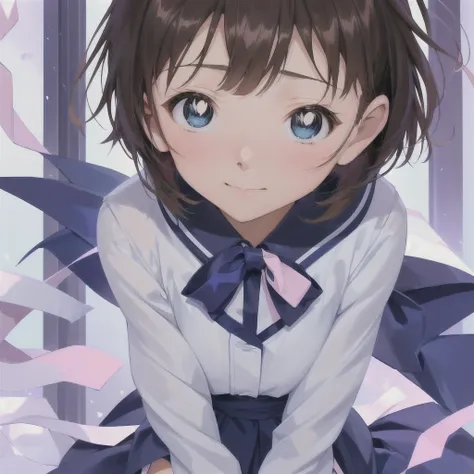 青いシーツと枕のあるベッドの上で裸のanime girls, with cute eyes, 魅惑的なanime girls, beautiful and attractive anime teen, short brown hair and big ey...