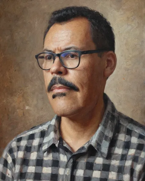 half-body portrait of a man with glasses and a mustache, short hair with a fade on the sides, wearing a checkered shirt. the por...