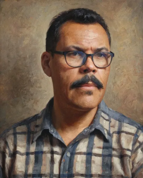 half-body portrait of a man with glasses and a mustache, short hair with a fade on the sides, wearing a checkered shirt. the por...