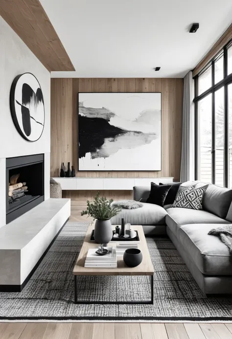 minimalist modern chalet living room with nordic colors, with black and white abstract decoration painting
