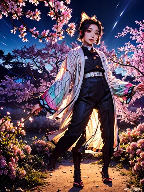 Shinobu kocho from demon slayer, wearing black jacket, standing cherry blossom garden, full body capture, gorgeous meaningful , night time, galaxy sky, high quality picture 