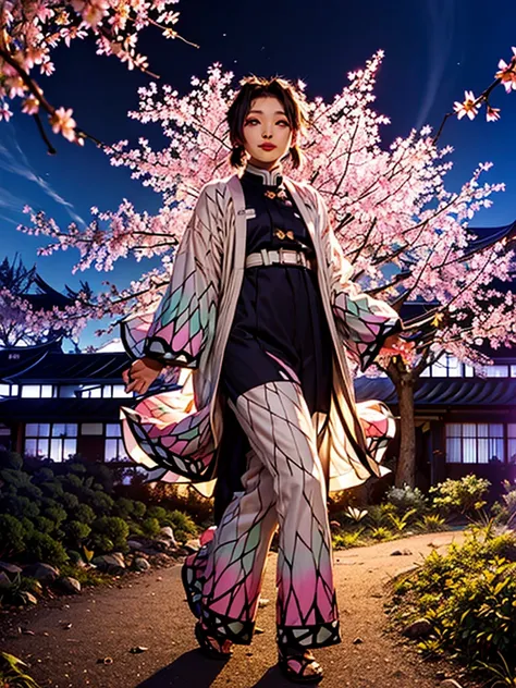 shinobu kocho from demon slayer, wearing black jacket, standing cherry blossom garden, full body capture, gorgeous meaningful , ...