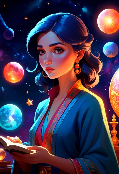 mysterious Astrologer, by lois van baarle, full body, cinematic still, cinemascope, best quality, masterpiece, very aesthetic, perfect composition, intricate details, ultra-detailed, vivid colors