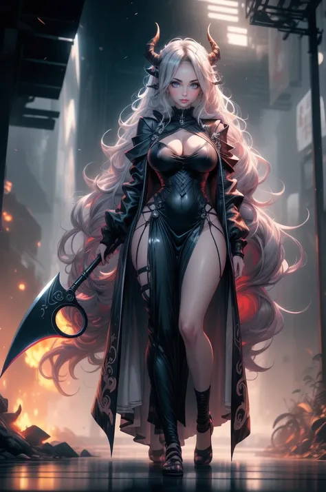 a woman in a long dress holding a large scythe, NUDE , HUGE BREASTS, NUDE, BIG BOODS, demon anime girl, from arknights, badass anime 8 k, trending on artstation pixiv, goddess of the underworld, anime art wallpaper 8 k, anime epic artwork, anime fantasy ar...