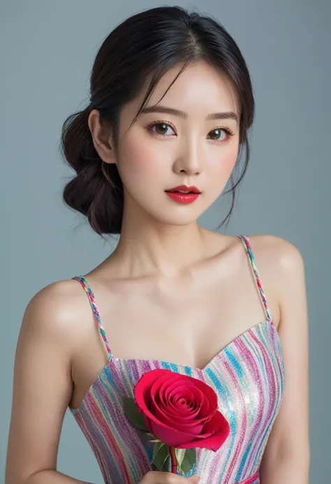 An Asian young woman in a dress of bright, multi-colored slit, depicted with a flirtatious expression on her face, holds a scarlet rose in her hands, the figure is turned slightly towards the right shoulder, at an angle of 20%, viewed from front to back. h...