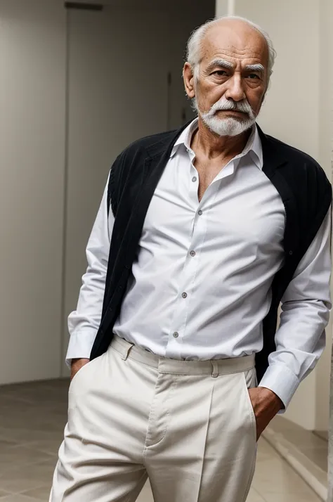 Make a realistic image of an old man standing and wearing white shirt and black pant with many of hairs on his head