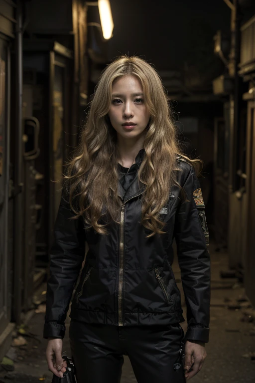 Tokyo，Dark alley at night，tense atmosphere， (original photography:1.3), (best quality), (Extremely detailed),(Messy hair),(Inspired by the 007 movie)，(Real stills:1.3)，007 Style，Female Agent，blond hair，long golden curly hair，Very detailed face，U.S. militar...