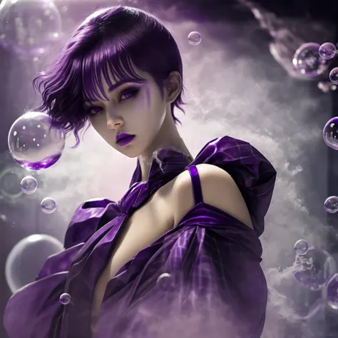 alone, 1 girl, purple eyes, purple hair, bubble, looking at the viewer, portrait, half closed eyes, short hair, closed mouth,shi...