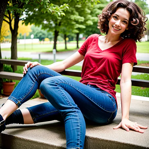 analorde, a woman, smiling, sitting under the tree, deep cut black top, tight jeans, big natural , realistic, photography, red curly medium hair, 