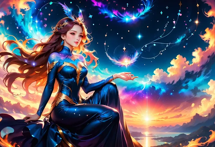 a portrait of the ((libra constellation: 1.3)) in the night sky seen by an astrologer looking at , an extraordinary beautiful woman, there is magic in her eyes divining the future from the Libra constellation, dynamic hair color, dynamic hair style, wearin...