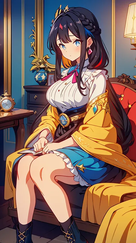 best quality, extremely detailed, anime style adult 1girl, long hair down to the waist, straight hair, ((dark black hair with bluish)),crown braid,beautiful detailed eyes, pinched eyes, dark blue eyes, huge breasts,curvy,(((colorful clothing))),Western clo...