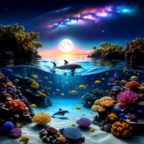 The image depicts a dreamlike and captivating underwater scene, where imagination meets reality. In the foreground, a diver explores the depths of a colorful coral reef, surrounded by small bioluminescent creatures that dance around her, leaving behind lum...