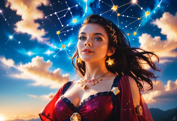 a portrait of an astrologer looking at libra constellation in the night sky, an extraordinary beautiful woman, there is magic in her eyes divining the future from the Libra constellation, dynamic hair color, dynamic hair style, wearing an intricate red dre...