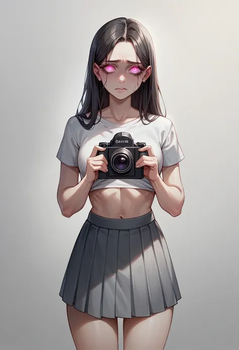 8k, masterpiece,A girl wearing gray micro skirt, colour fluid from her body, bring glowing eyes, realistic skin, clear face and perfect symmetry,sexy looking,sexy curves, looking at camera,shy expression,up camera.