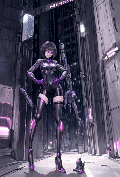 Cyborg girl, Velma Dinkley, in a futuristic urban environment, with visible mechanical body parts like cybernetic arms and legs, and a bionic eye. She wears high-fashion clothing with technological details and neon accessories. The background shows a futur...