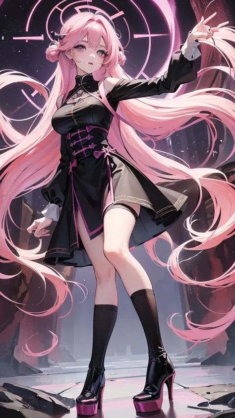 young girl, long straight hair to the waist, pink hair color, violet eye color, chest size is very, very large, goddess of death dress outfit, long skirt, Long front skirt, Long socks up to the upper thigh, black sock color, wear high heels, in the park.