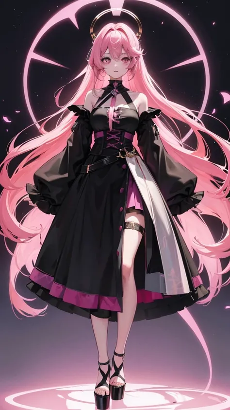 young girl, long straight hair to the waist, pink hair color, violet eye color, chest size is very, very large, goddess of death dress outfit, long skirt, Long front skirt, Long socks up to the upper thigh, black sock color, wear high heels, in the park.