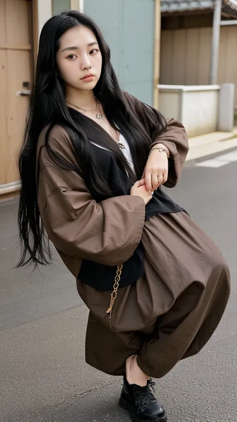 Japan girl
Long black hair
16 years old
Jewellery 
 Brown eyes
Too big clothes