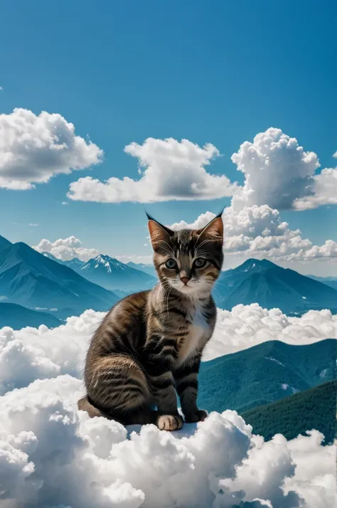 Kitten sitting on a cloud, and there are mountains nearby