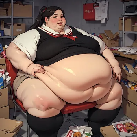 (masterpiece, detailed, realistic:1.3), young korean woman, USSBBW, (morbidly obese, fatblob:1.4), (detailed face, beautiful face), (desperate expression:1.3), high aesthetic, student, school girl, tight skimpy undersized clothes, sitting at desk, surround...