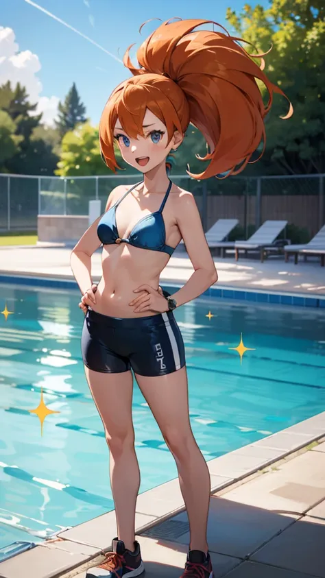 1 girl, masterpiece, best quality, highres, ro1, Misty from pokemon, hair bun, blue eyes, bikini top, blue bicycle shorts, small ponytail on the side, wristwatch, standing, hand on hip, smile, open mouth, (sparkle:1.1), orange hair, medium breasts, 3/4 bod...