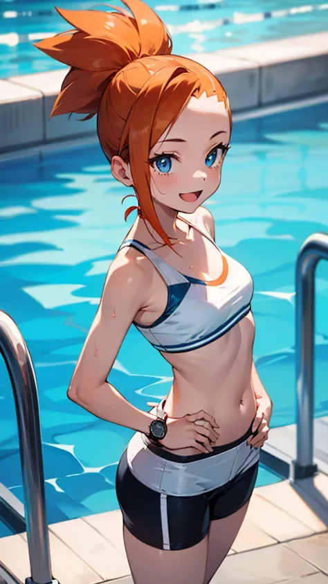 1 girl, masterpiece, best quality, highres, ro1, Misty from pokemon, hair bun, blue eyes, bikini top, blue bicycle shorts, small ponytail on the side, wristwatch, standing, hand on hip, smile, open mouth, (sparkle:1.1), orange hair, medium breasts, 3/4 bod...