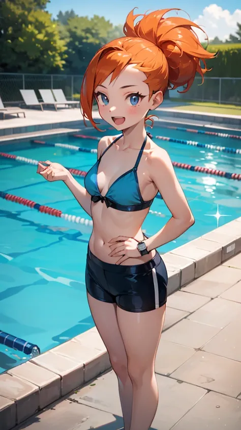 1 girl, masterpiece, best quality, highres, ro1, Misty from pokemon, hair bun, blue eyes, bikini top, blue bicycle shorts, small ponytail on the side, wristwatch, standing, hand on hip, smile, open mouth, (sparkle:1.1), orange hair, medium breasts, 3/4 bod...