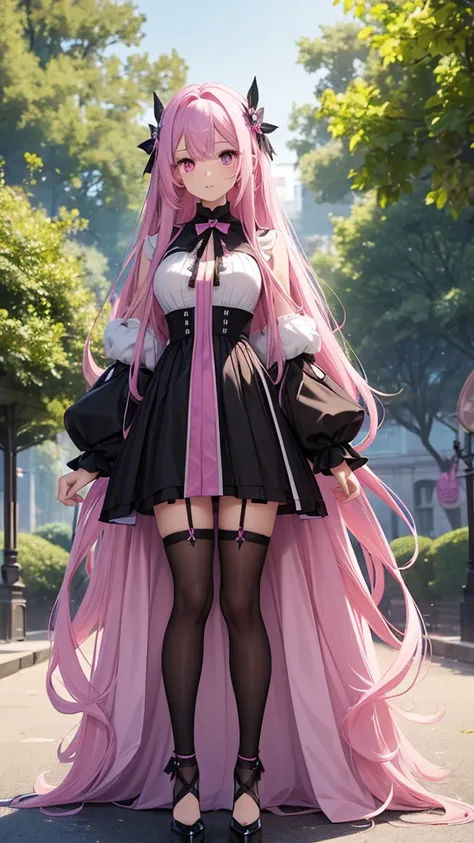 young girl, long straight hair to the waist, pink hair color, violet eye color, chest size is very, very large, goddess of death dress outfit, long skirt, Long front skirt, Long socks up to the upper thigh, black sock color, wear high heels, in the park.