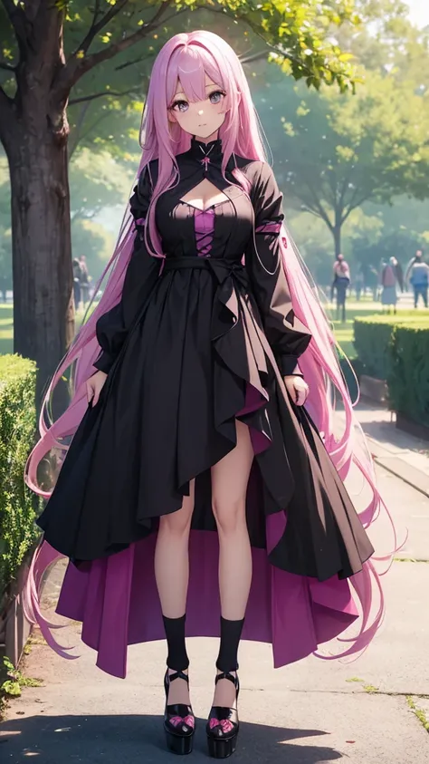 young girl, long straight hair to the waist, pink hair color, violet eye color, chest size is very, very large, goddess of death dress outfit, long skirt, Long front skirt, Long socks up to the upper thigh, black sock color, wear high heels, in the park.