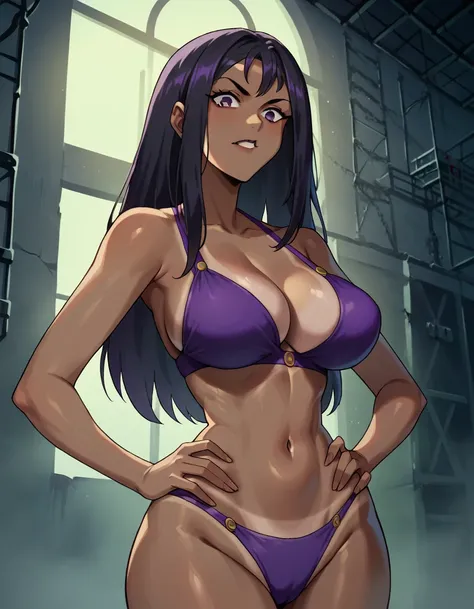 Masterpiece, best quality, Masterpiece, best quality, 1 woman, Tanned skin , long black hair , sly face , purple bikini , big breasts , abdomen , Put your hands on your hips. , abandoned factory , at night