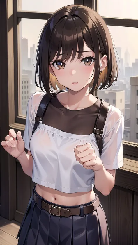 nobarakugisaki, nobara kugisaki, bob cut, (brown eyes:1.7), brown hair, lips, short hair,
BREAK belt, brown belt, brown pantyhose, crop top, crop top overhang,pantyhose, pleated skirt, shirt tucked in, skirt, blue skirt, white crop top,
BREAK looking at vi...