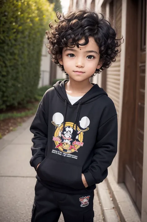 Boy with tightly curled, very curly hair, dark but a little light, wearing an anime sweatshirt and Disney-style cargo pants. 
