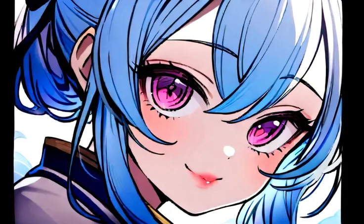 Masterpiece, Best quality, 1 girl、Kimetsu no Yaiba style、hashira blue uniform、wearing haori、light blue hair、long hair、light blue hair、smile、cute、pink eyes、pink eyes、 beautiful、lips, bow, half-tied hair、 close-up,