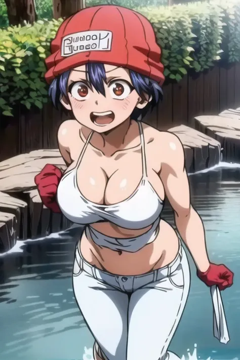 1girl, (masterpiece:1.1), hi-res, 4k chuyun,Dark blue hair,Brown red eyes,red hat,Red gloves,White T-shirt,Blue pants  ((en bikini trasparente toda mojada))