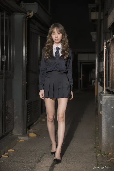 Tokyo，Dark alley at night，tense atmosphere，， (original photography:1.3), (best quality), (Extremely detailed),(Messy hair),(Inspired by the 007 movie)，(Real stills:1.3)，Full body portrait，007 Style，Delinquent Girl，blond hair，long golden curly hair，Very det...